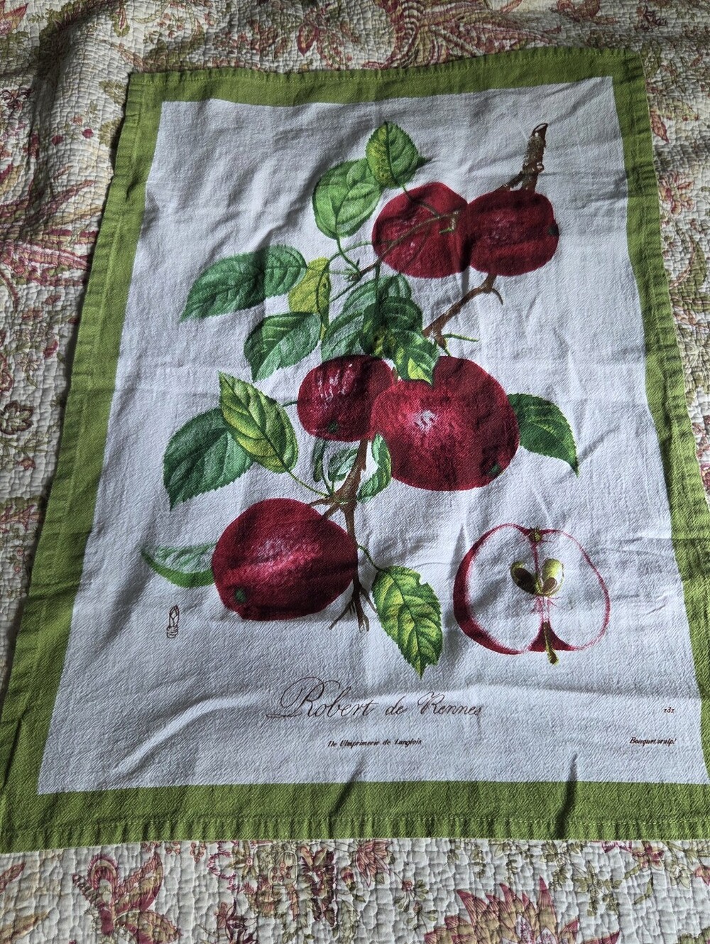 Apple Print Kitchen Tea Towel - Green Border